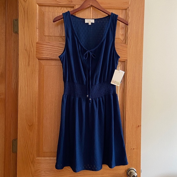 BEBOP Navy Tie Sleeveless Eyelet Fit + Flare lined dress -NWT -Size L (Large) - Picture 3 of 12